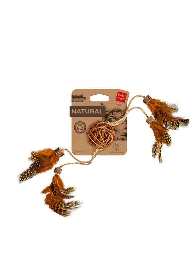 Игрушка для котов WAUCAT Fun Natural Плетеный мячик с перьями, дерево, перо, джутовая веревка, 40 см No Brand (363201551)