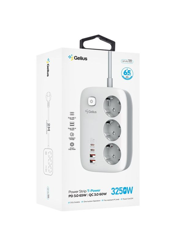 Мережевий фільтр T-Power (3 220V розетки/ 2 Type-C / 2 USB-A порти) GaN 65W 2m GP-PS-003 White Gelius (316702050)