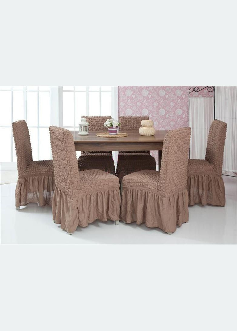 Чохли натяжні на стільці з оборкою (набір 6-шт) 05-211 Бежевий Venera (268547735)