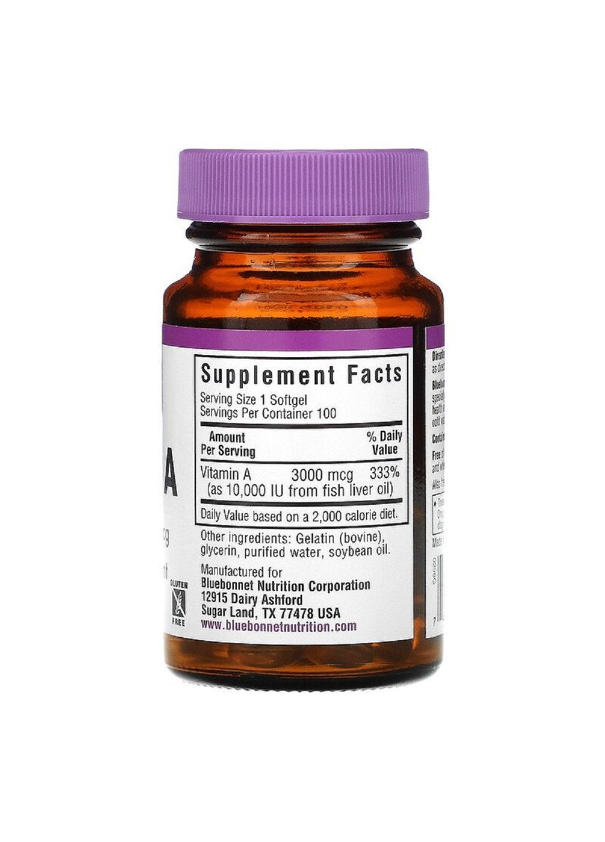 Витамин A 3000 мкг,, 100 желатиновых капсул Bluebonnet Nutrition (333721638)