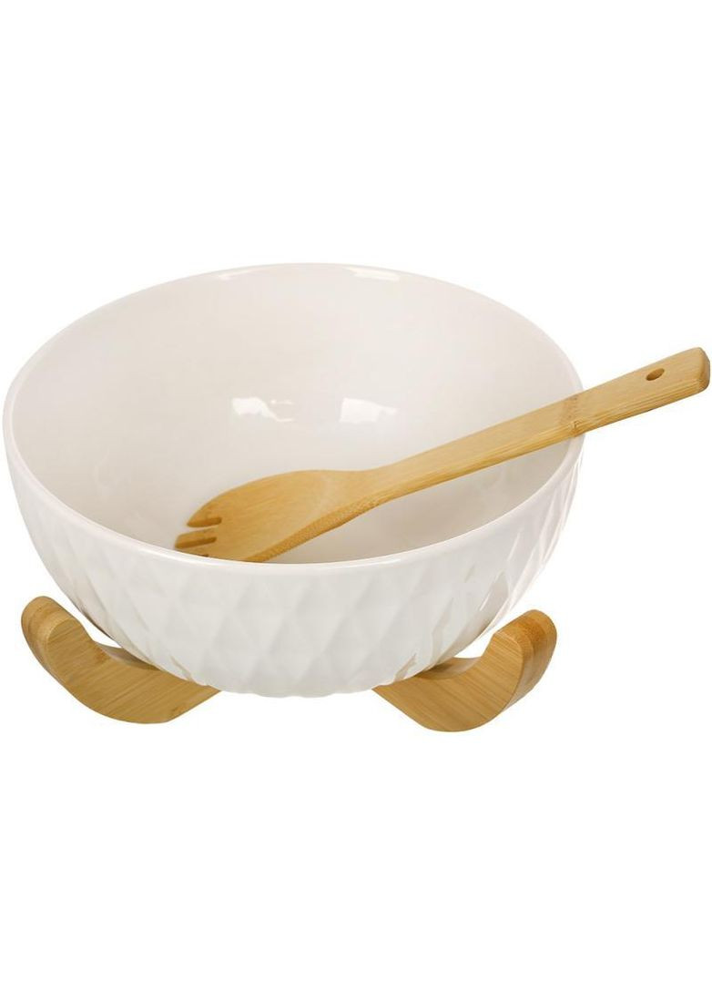 Салатниця порцелянова Ceram-Bamboo "Romb" 3л на бамбуковій підставці та салатною ложкою BonaDi (365248245)