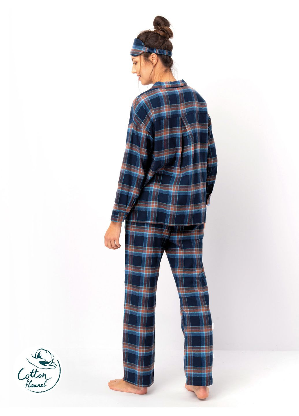 Синяя женская теплая фланелевая пижама рубашка + брюки Key