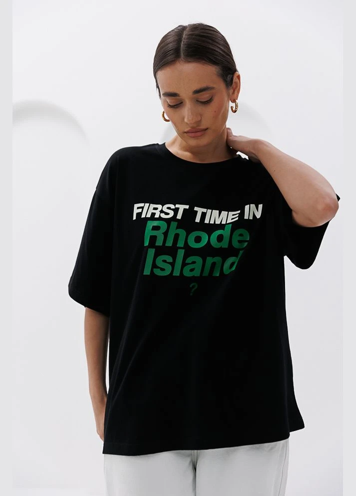 Женская футболка оверсайз молочная с надписью First time in Rhode Island? Arjen - (296470914)