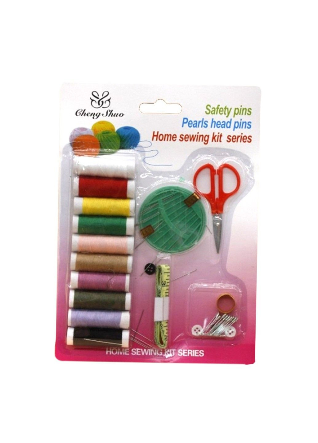 Набор для шитья: 10 мотков нитей, иглы, сантиметр, ножницы, булавки, пуговицы No Brand (334342602)