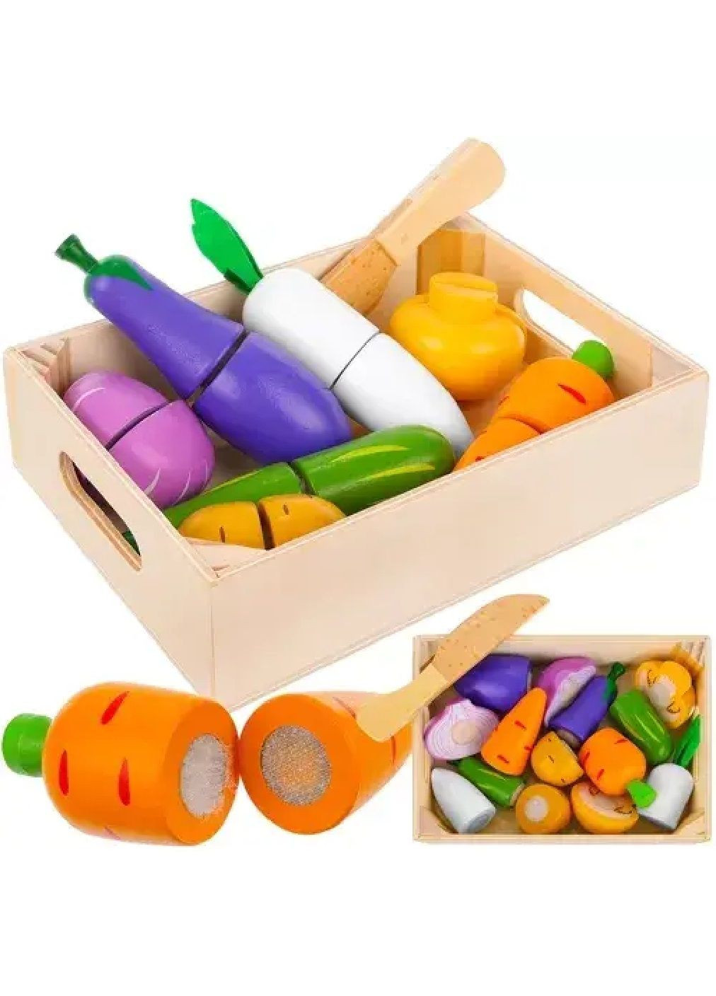 Дитячий дерев'яний комплект набір овочів фруктів на липучці для нарізування в ящику 9 елементів 18х12,5х4,4 см (476857-Prob) Unbranded (292111613)