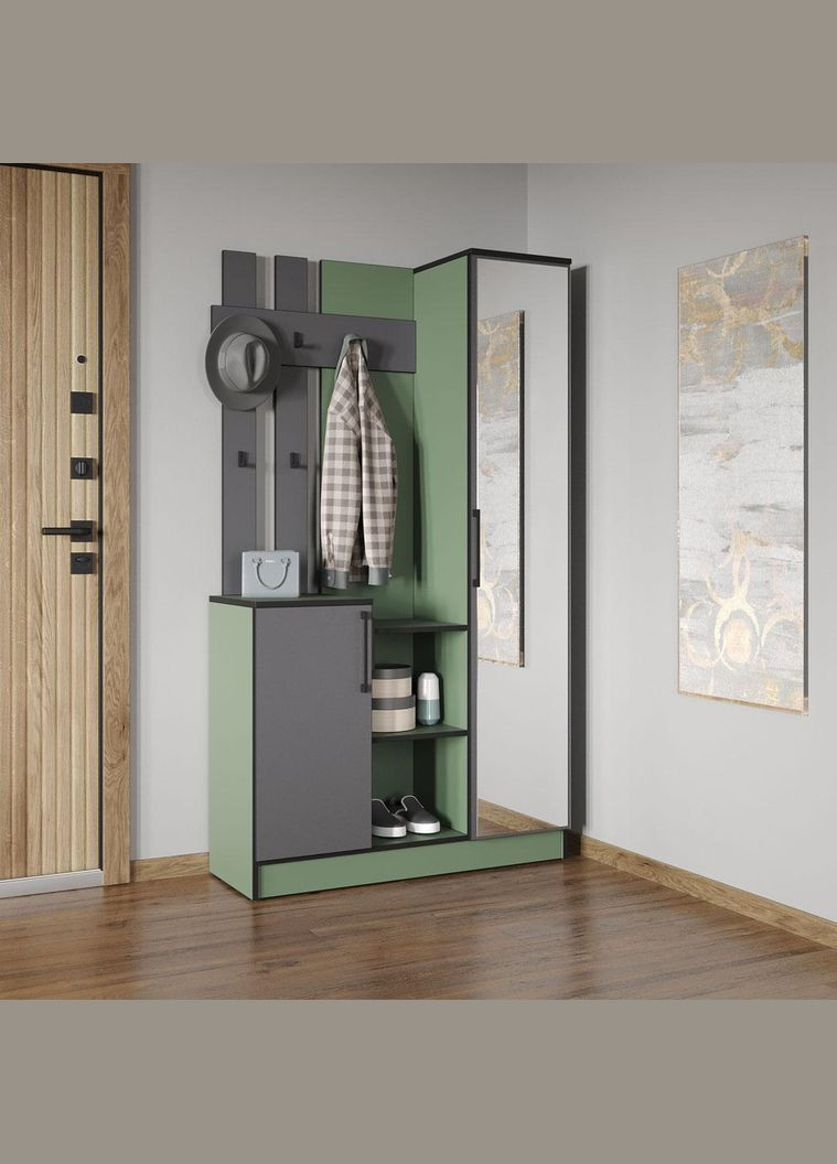 Cтильна прихожа з дзеркалом, дверцятами та крючками для одягу від KO-0004 Зелений Димчастий/Антрацит MORELI (361035185)