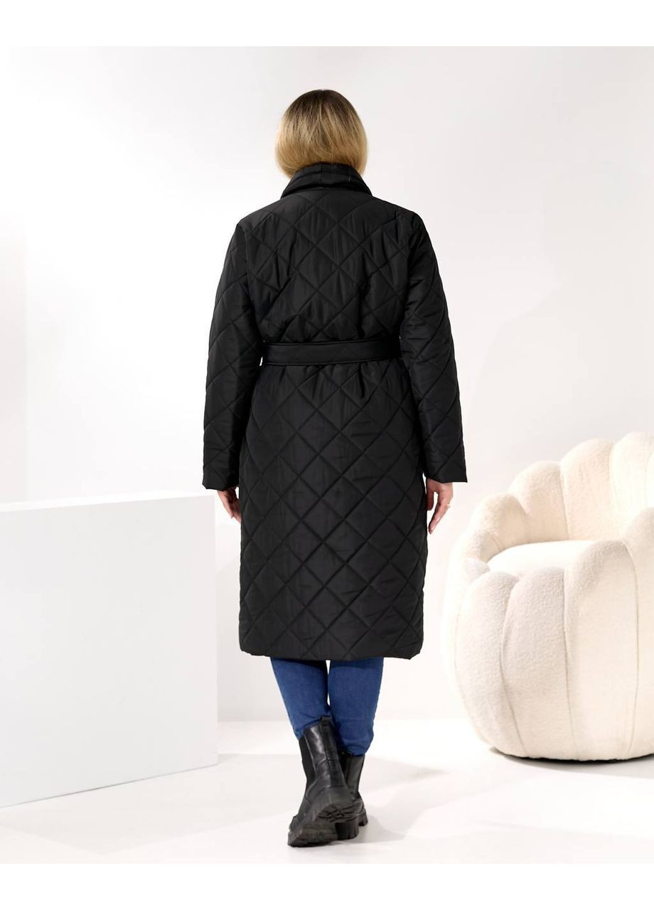 Черное зимнее Пальто 4211 качественная матовая плащевка Эмми,синтепон 150 с поясом Україна