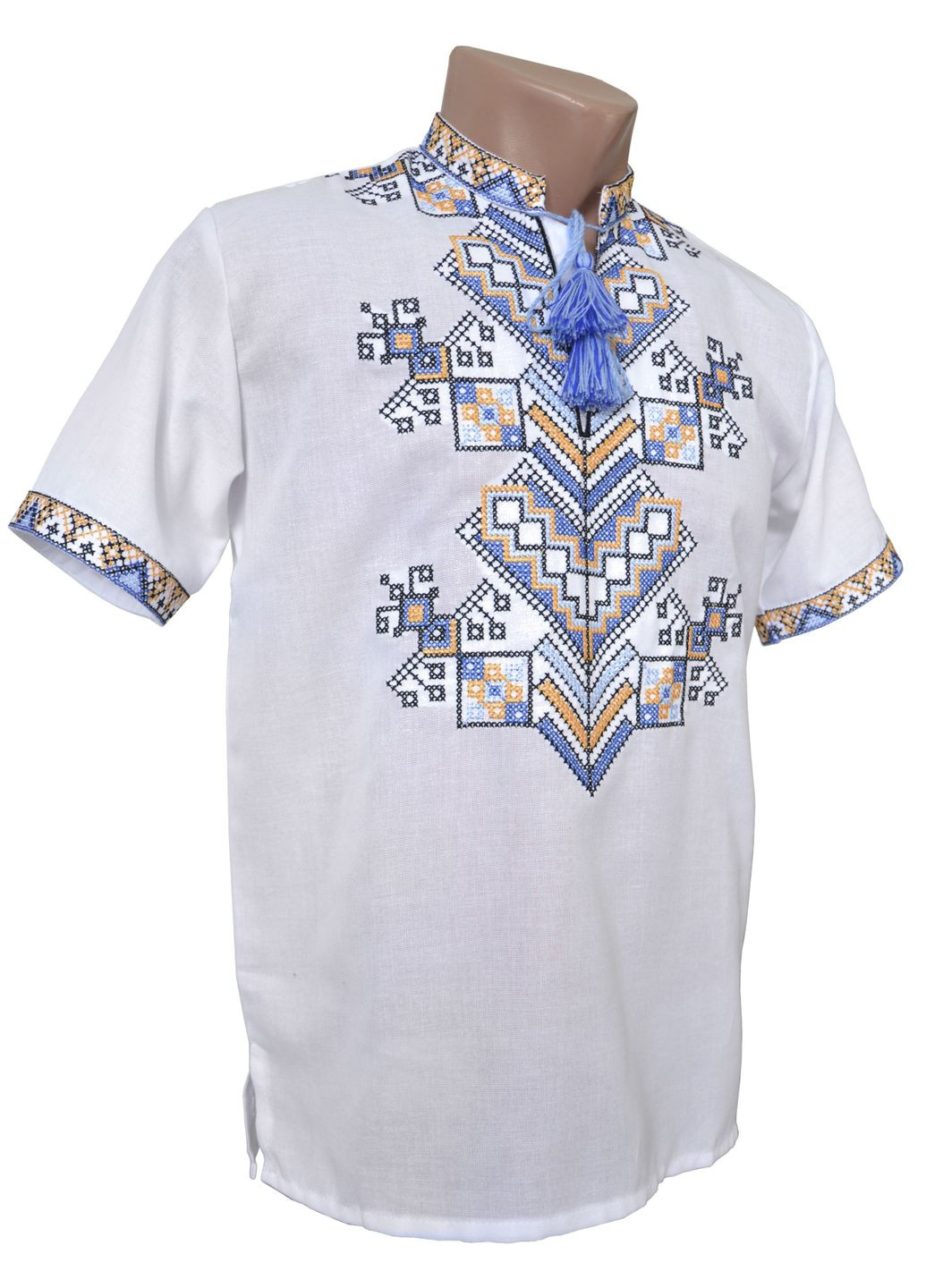 Біла підліткова вишиванка для хлопчика дерево життя синьо-жовте НоКо бавовна (305832202)