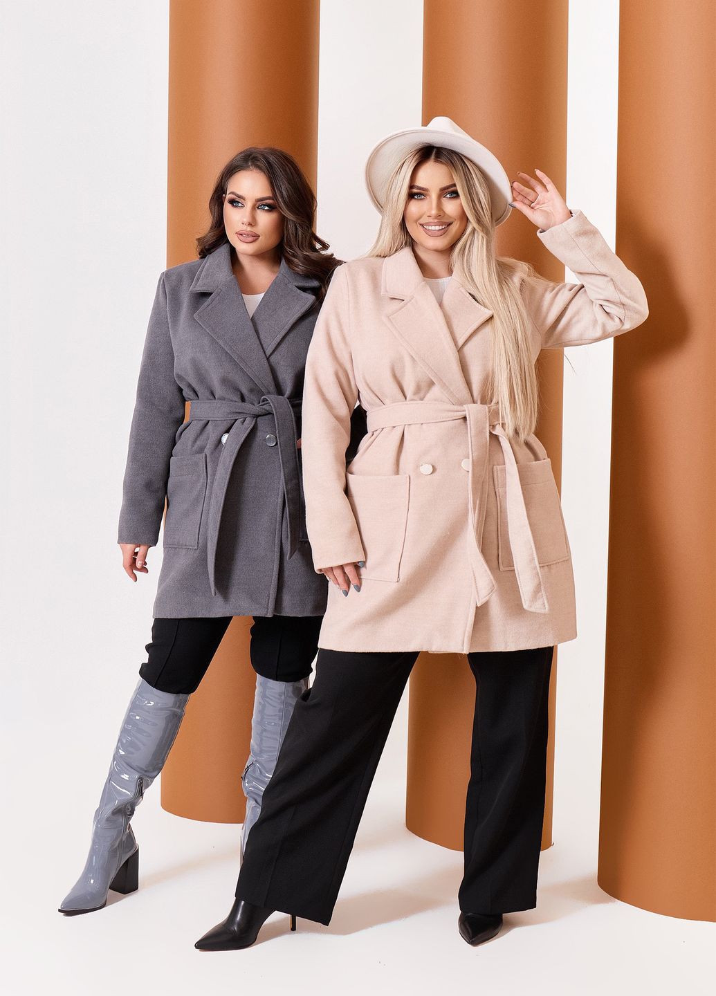 Серое демисезонное Женское пальто двубортное No Brand