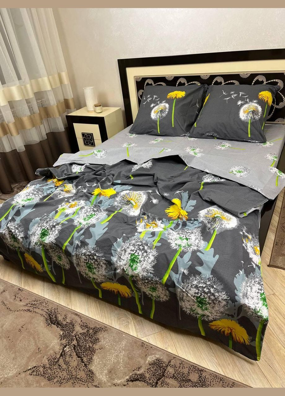 Постільна білизна бавовняна Одуванчики Євро Простирадло на гумці 180x200х20 Бязь Сірий 70 х 70 No Brand (280930131)