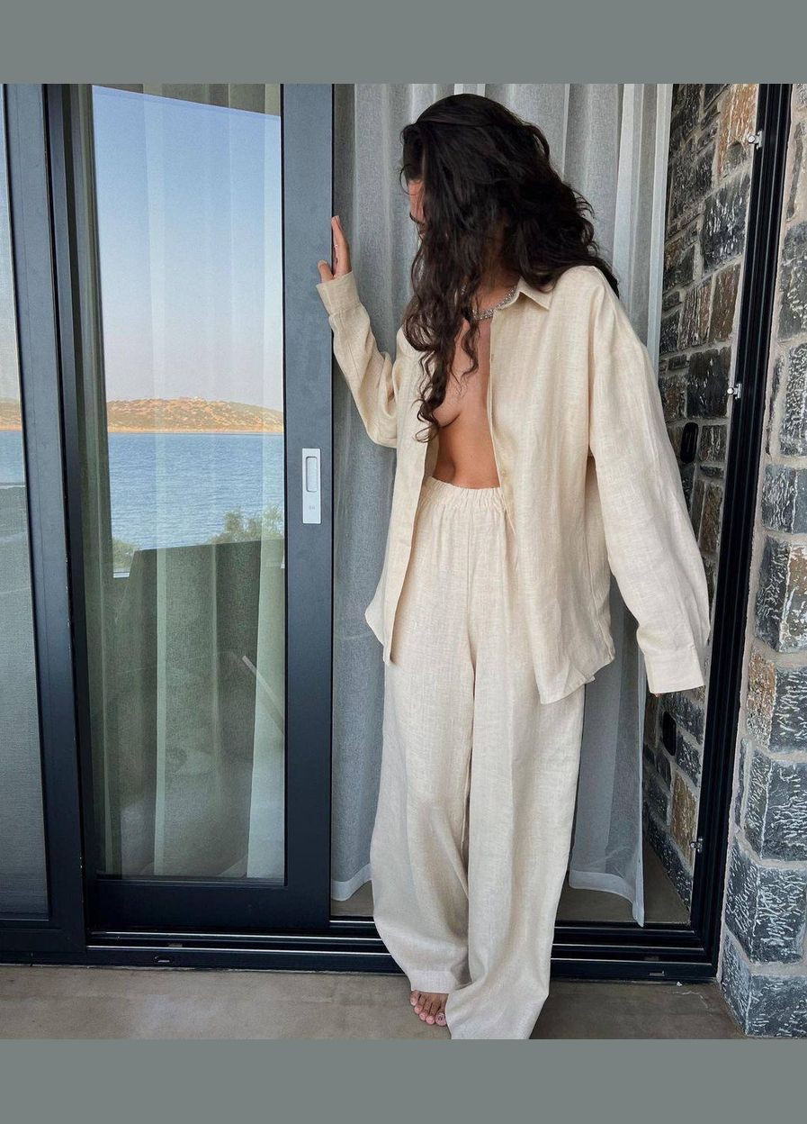 Шикарный льняной костюм двойка в бежевом цвете (рубашка+штаны), нежный комфортный костюм из натуральной ткани No Brand 7051 (302047987)