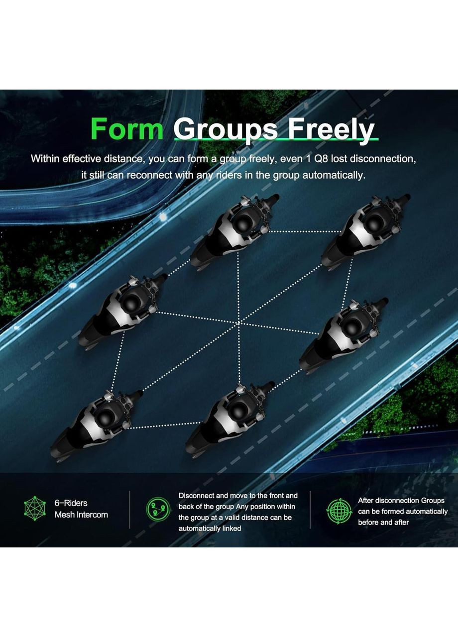 Bluetooth интерком Q8 с Mesh 3.0, CVC шумоподавлением, FM, IP67, 1200 мАч аккумулятор, мотогарнитура 1000м No Brand (346493705)