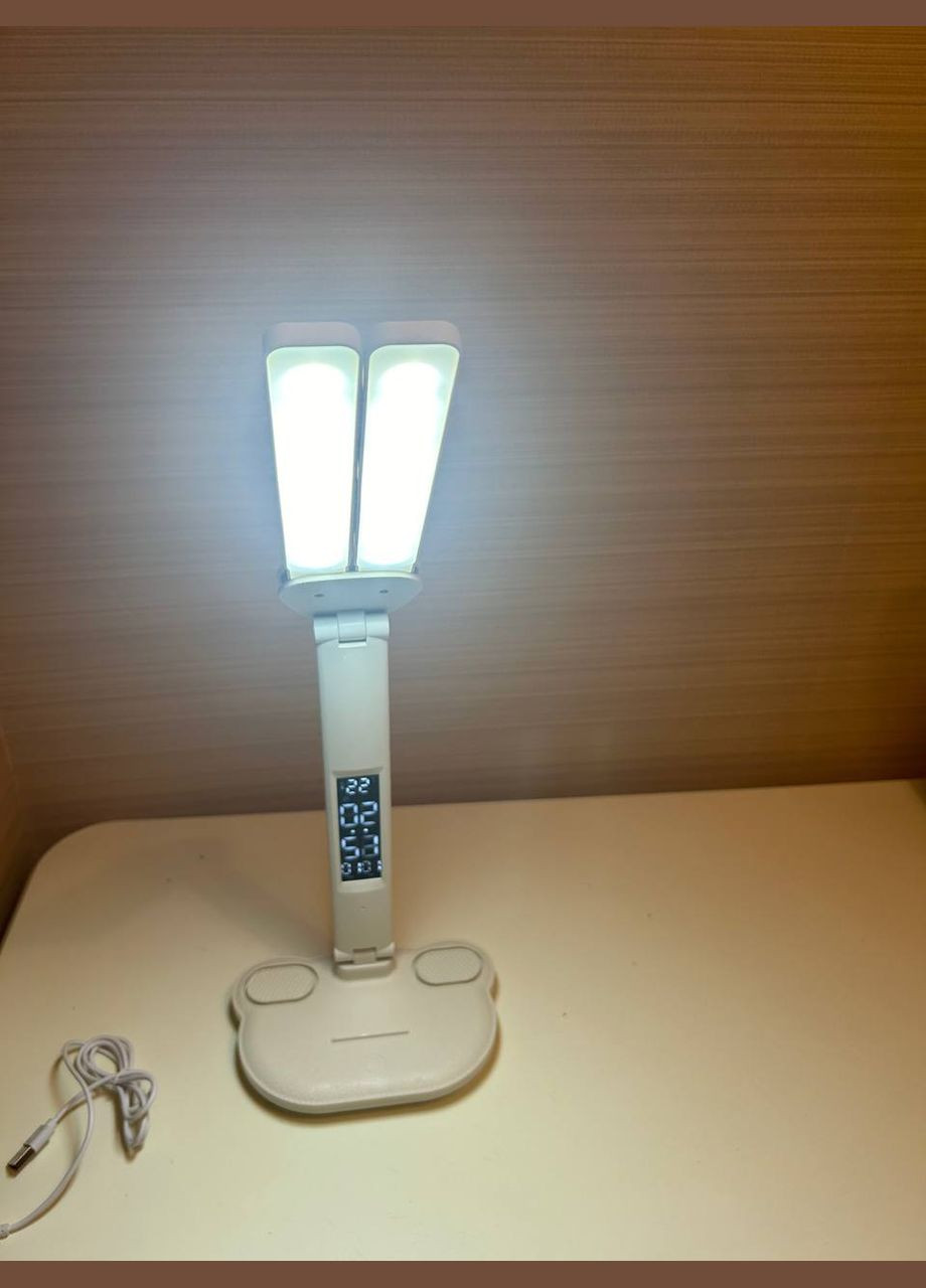 Настольная лампа с часами и подставкой для телефона Rotary Table Lamp с двумя плафонами на аккумуляторе с термометром Белая No Brand (326800195)