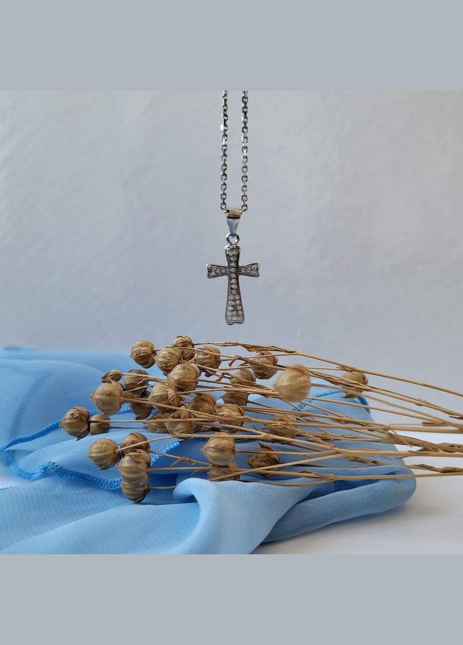 Срібний прямий хрест із білим камінням срібло 925 проби Родоване 37031 1.21г No Brand (306742017)