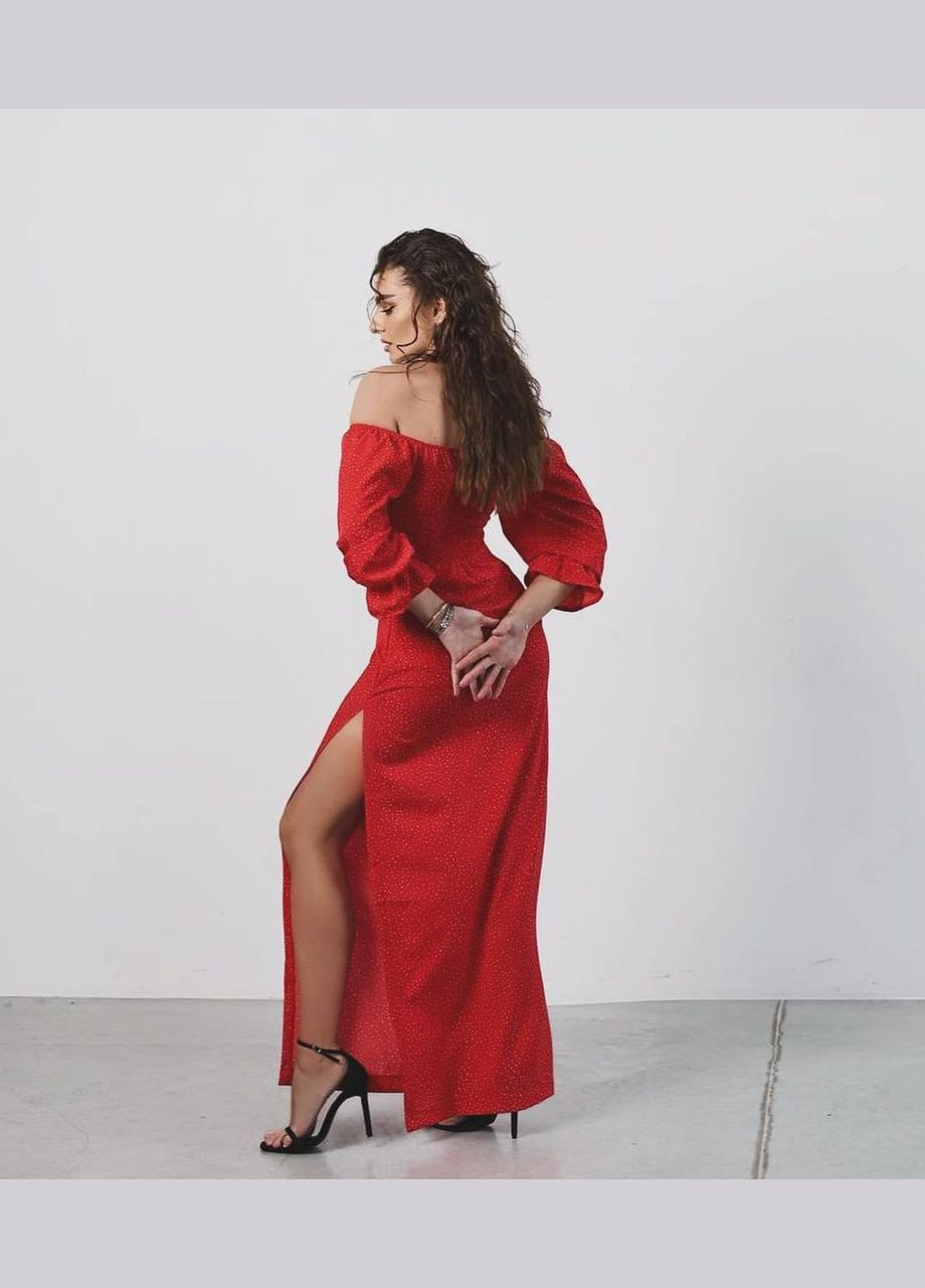 Красное нежное красное платье в горошек со шнуровкой спереди и с резинкой на спине, платье-макси с длинным рукавом и разрезом от бедра No Brand