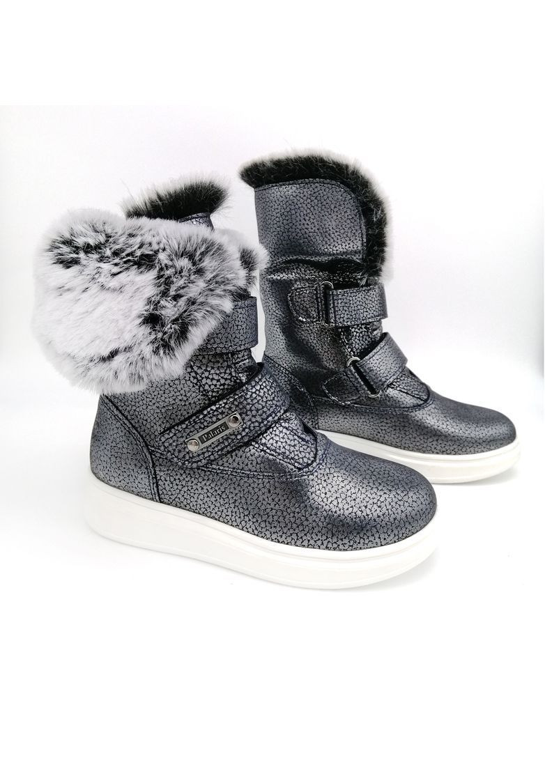 Серые спортивные, повседневные, джинсовые, кэжуал зимние ботинки зимние для девочки, кожаные на липучках с отворотом. Palaris