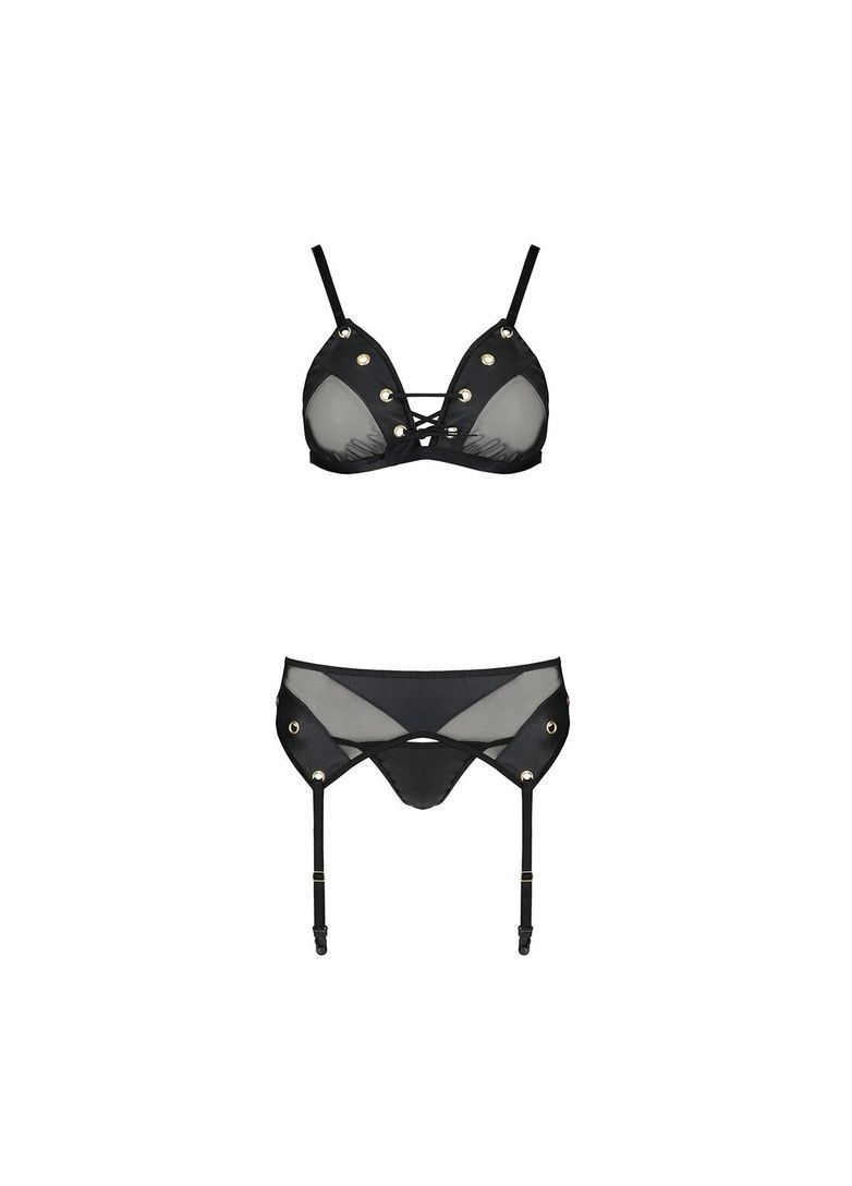 Комбінований демісезонний комплект білизни nessy set l/xl black, бюстгальтер, пояс для панчіх, стрінги Passion