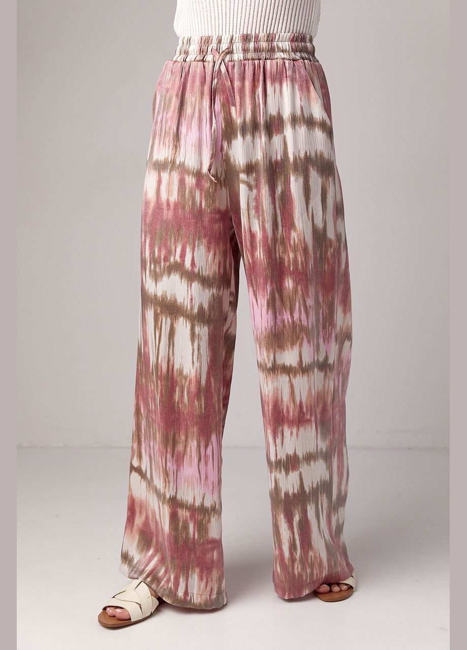 Летние прямые штаны на резинке с абстрактным принтом - розовый Lurex (293292882)