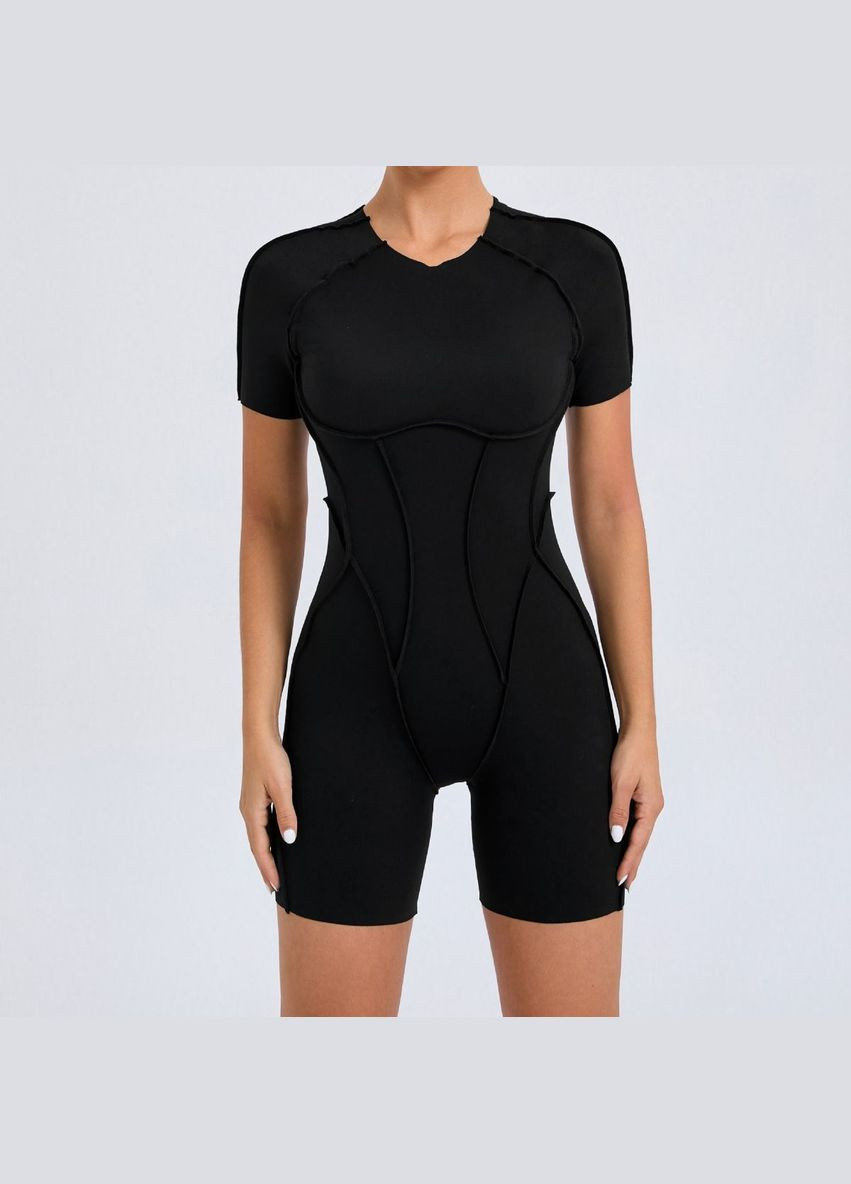 Комбинезон для фитнеса Lines бежевый шортами и коротким рукавом No Brand чёрный нейлон, эластан