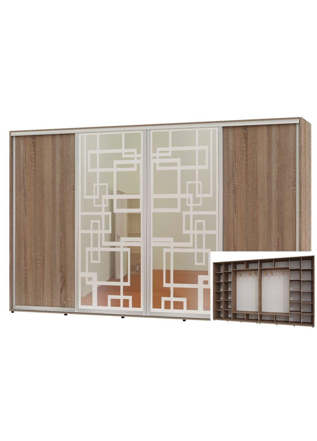 Шкаф-купе четырехдверный 420*60*250 Дуб Сонома трюфель 2 ДСП/2 Зеркала с пескоструйным рисунком Алекса (360478392)