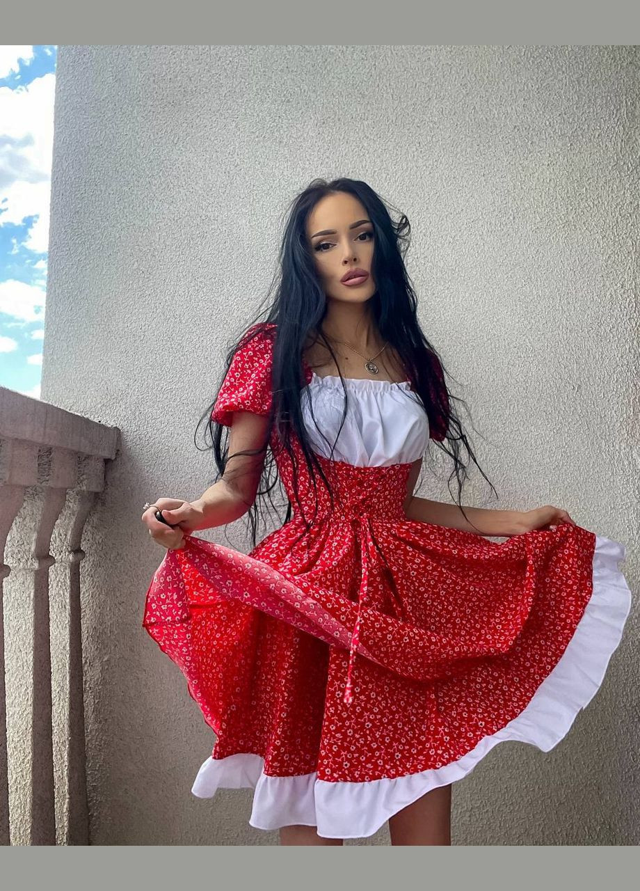 Червона повсякденний, кежуал сукня у квітковий принт з спідницею-сонце No Brand з квітковим принтом