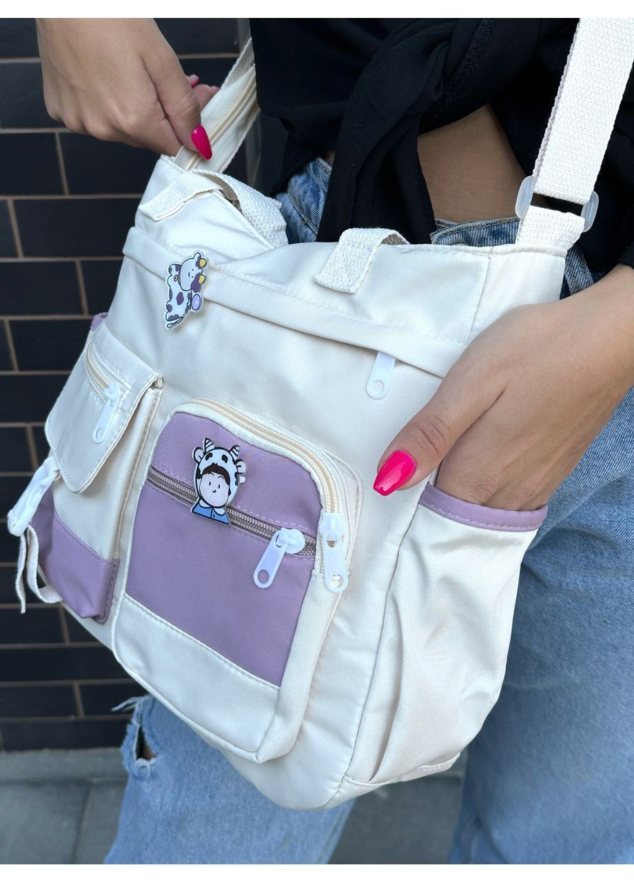 Сумка через плече молодіжна, студентська шкільна нейлонова сумка зі значками пудрова. Сумка для прогулянок. No Brand (356178908)