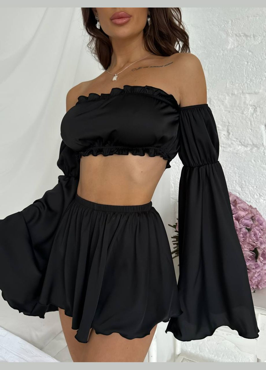 Черная женский комплект для дома. женский комплект шелк сатин No Brand