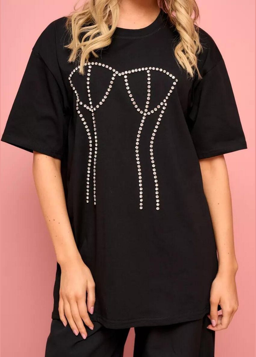 Женская оверсайз футболка с оригинальным рисунком со стразами стильные футболки свободного кроя для женщин oversize Cindylove - (331346105)
