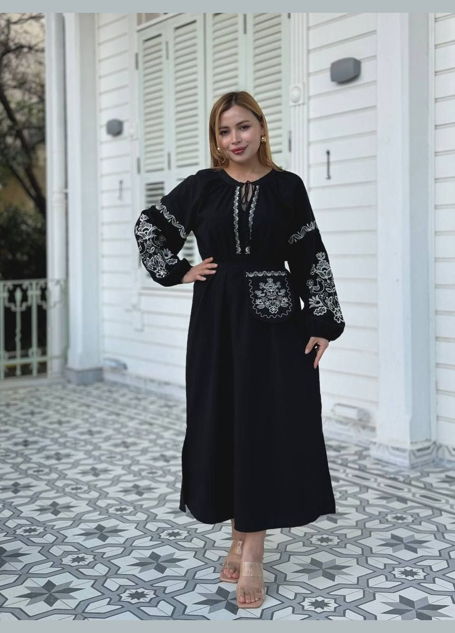 Чорна етнічна сукня в старовинному стилі з карманом гадункою в комплекті Delvinss