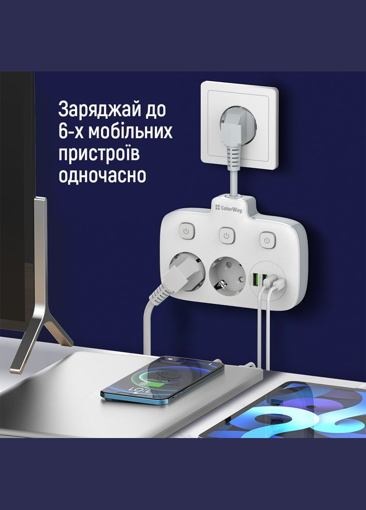 Сетевой фильтр СolorWay 2 розетки/3USB/1xTYPE-C White 2M (CW-CHE24PDW) Colorway (339082899)