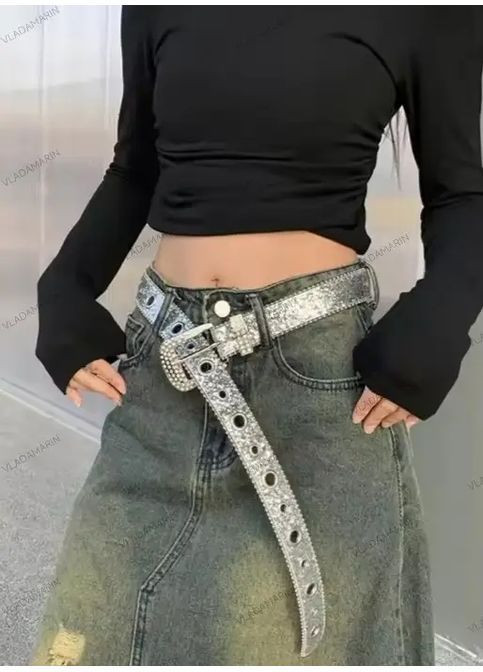 Молодіжний ремінь зі стразами та заклепками Y2K,жіночий яскравий ремінь No Brand (368695222)