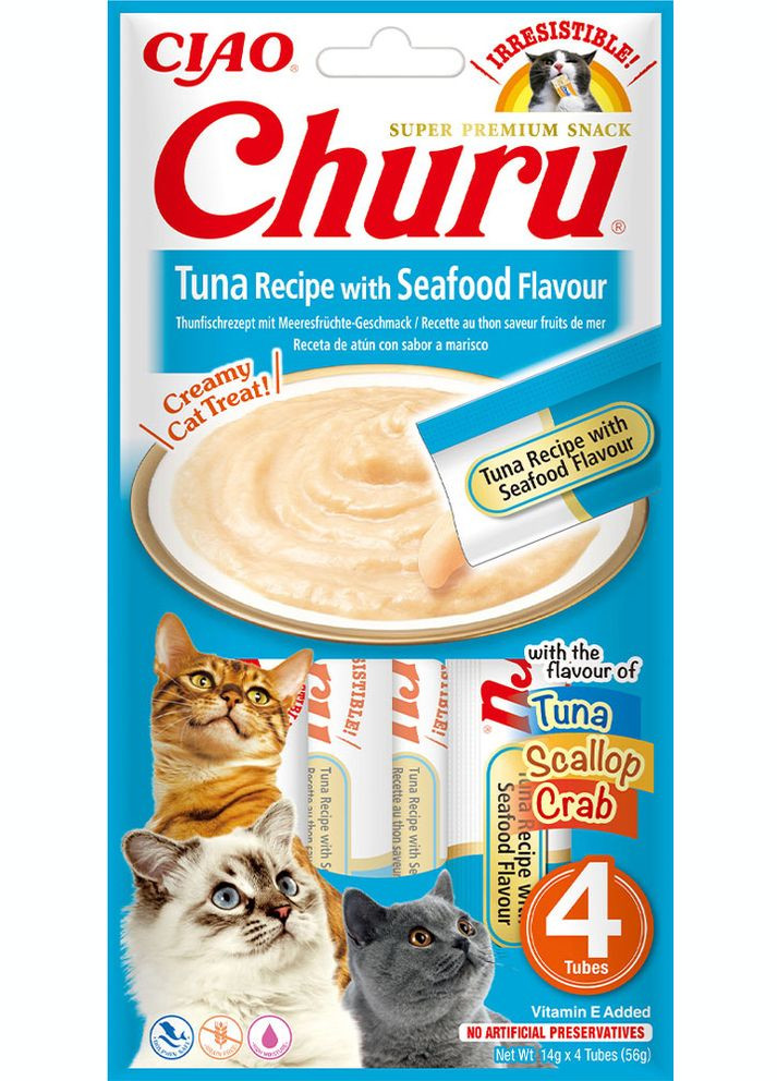 Ласощі для кішок Churu вершковий мус у стиках тунець/морепродукти 4 x 14 г (EU118) (8859387701909) Inaba (307794763)