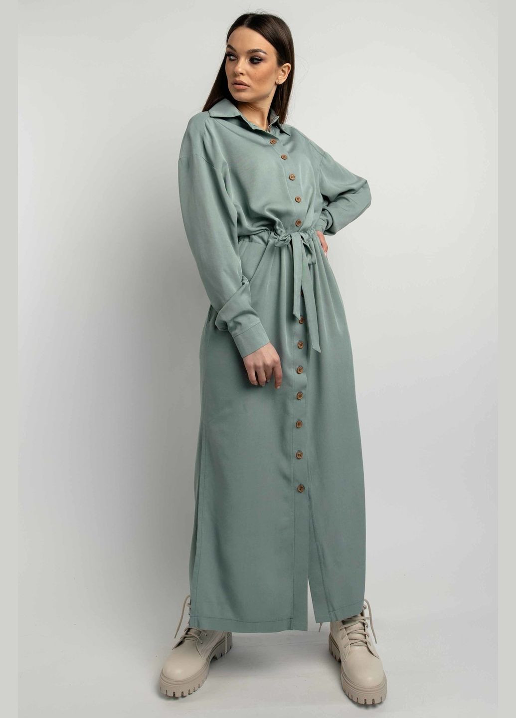 Оливкова повсякденний жіноча сукня-сорочка з відкладним коміром та кишенями у бічних швах (пл 1121) RiMari