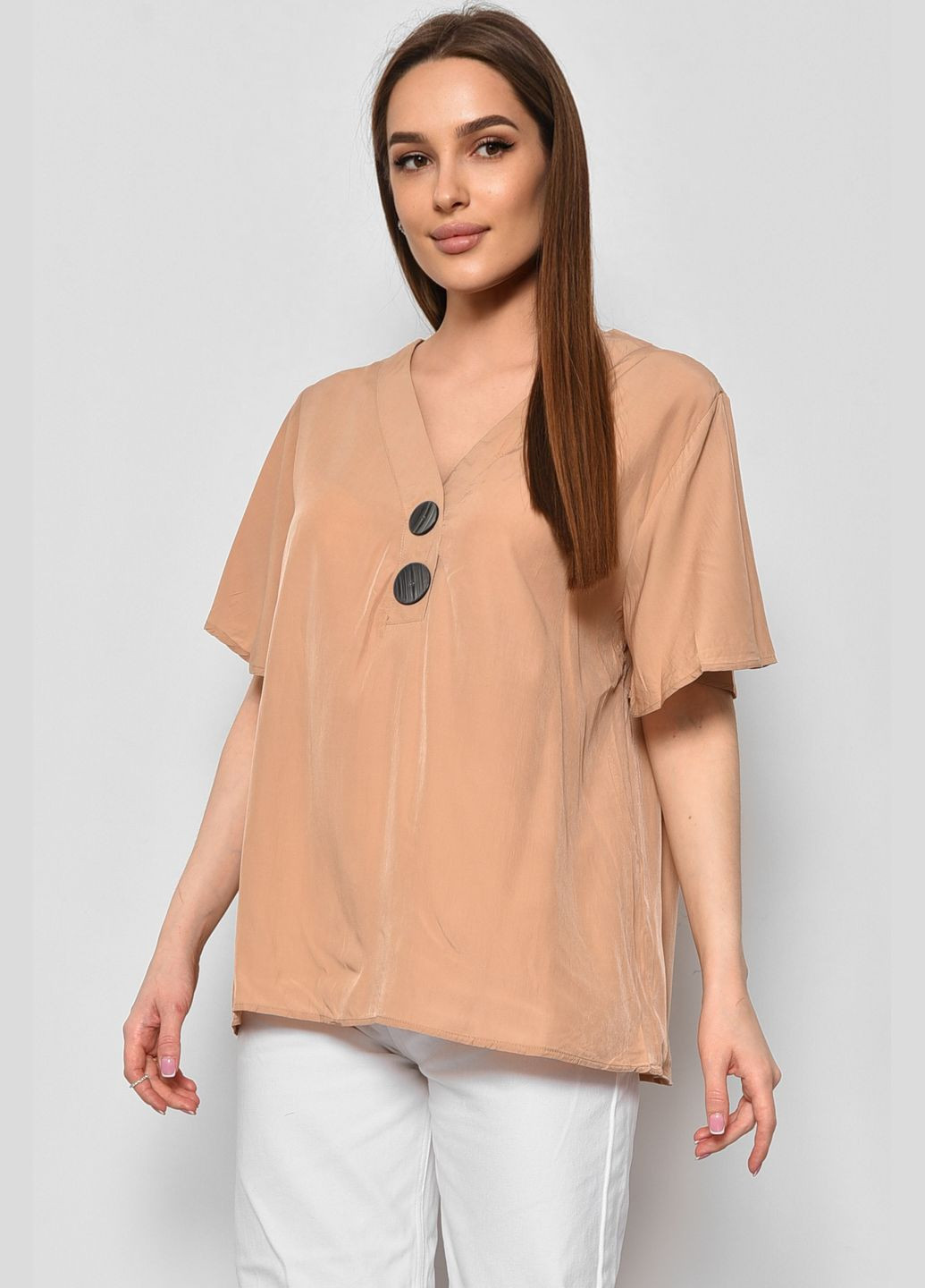 Бежевая демисезонная блуза женская с коротким рукавом бежевого цвета с баской Let's Shop