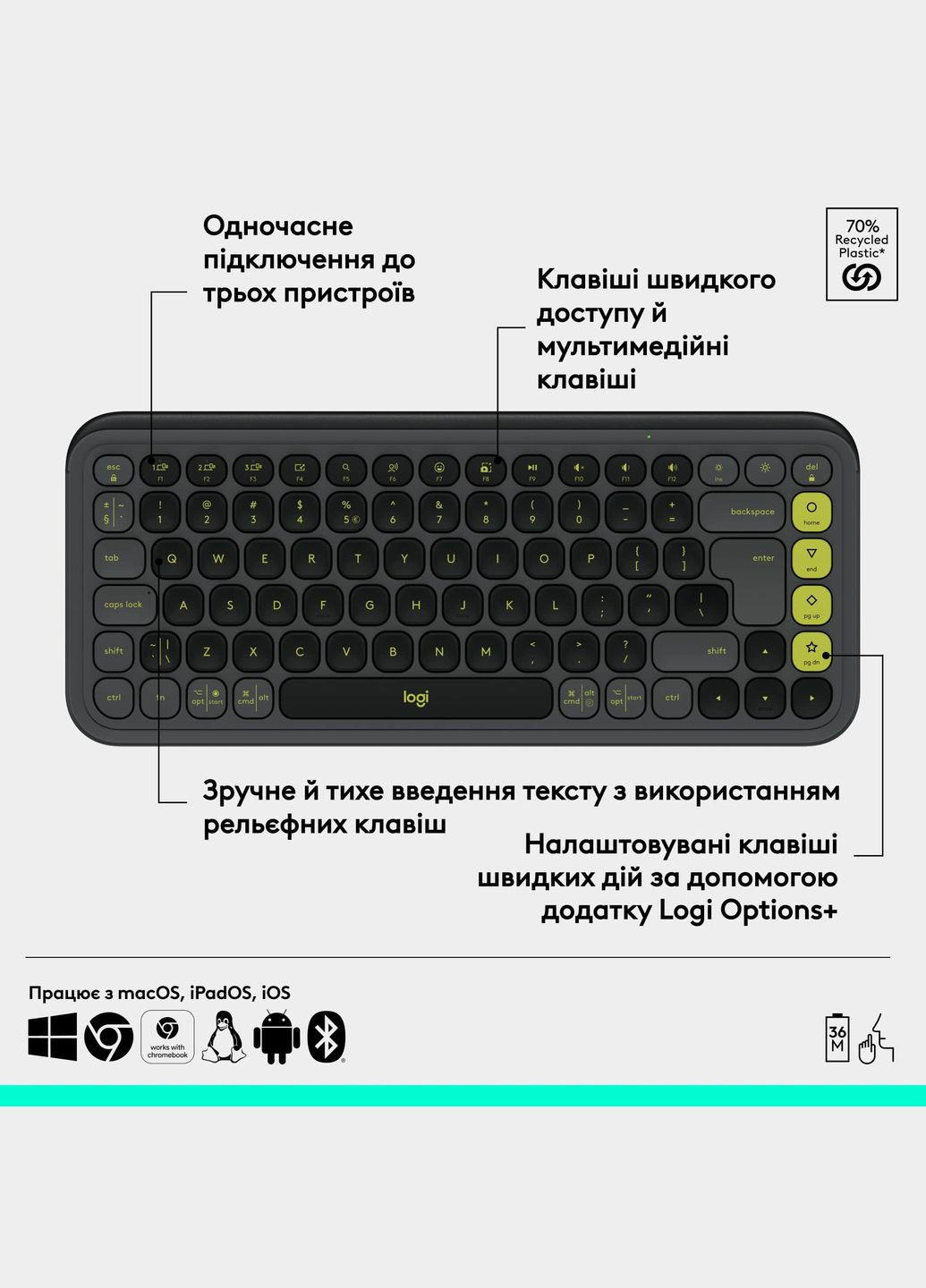 Клавiатура бездротова Pop Icon Keys Graphite (920-013157) Logitech (336951910)