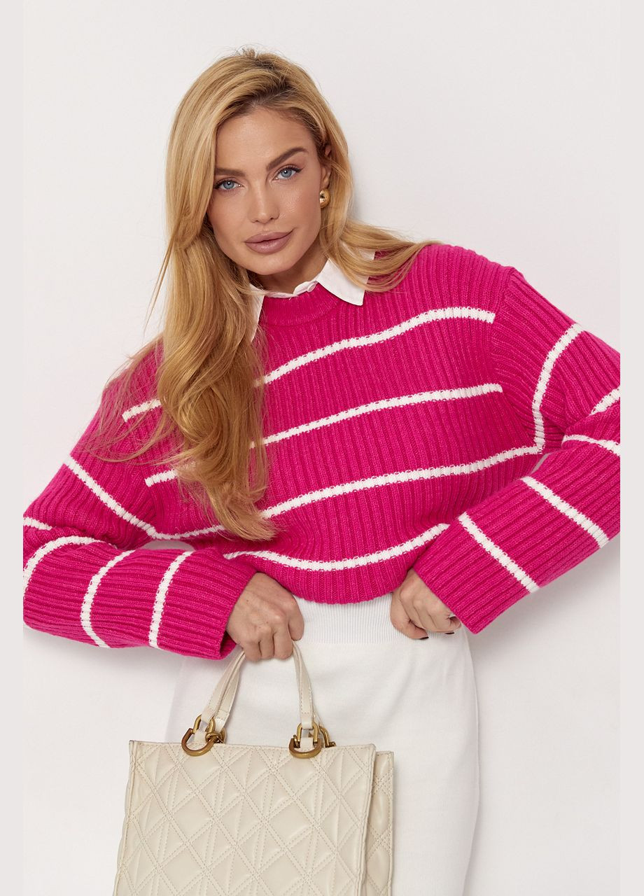 Фуксиновый зимний вязаный женский свитер в полоску Lurex