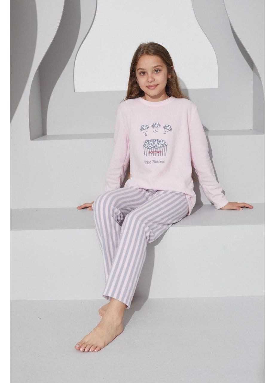 Розовая всесезон пижама теплая для девочек "попкорн" лонгслив + брюки Leyla