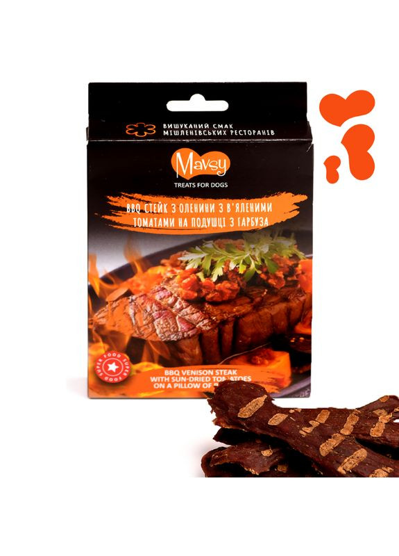 Сушені ласощі для собак Вишуканий вʼялений BBQ стейк з оленини з в'яленими томатами на подушці з гарбуза 100 г Mavsy (353515483)