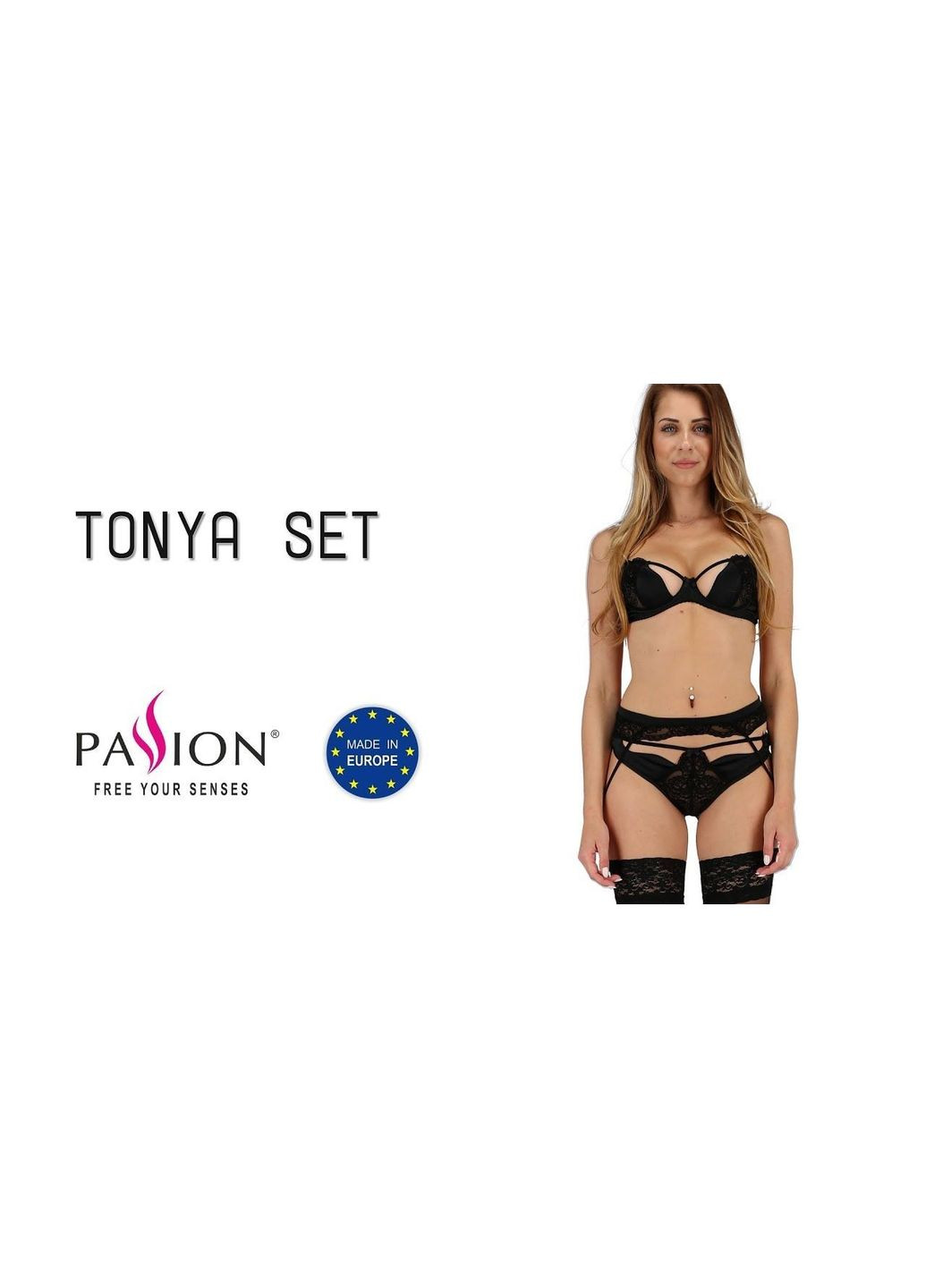 Черный демисезонный комплект белья tonya set black – exclusive: трусики, лиф, пояс для чулок Passion