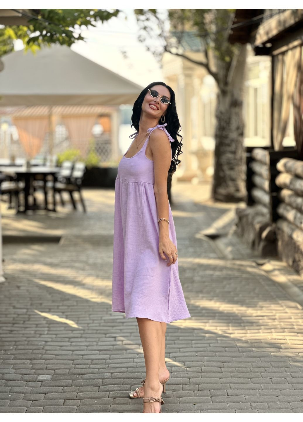 Лавандовое повседневный летнее платье сарафан из муслина на бретельках Fashion Girl