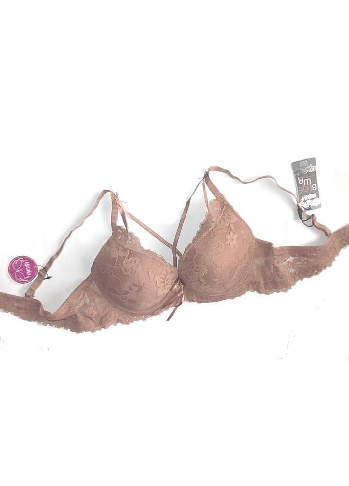 Коричневый бюстгальтер с формованной чашкой в бюстик на поролоне с кружевом портупеей Biweier с косточками