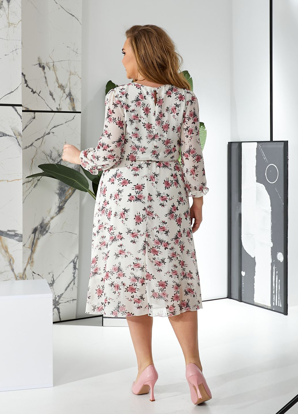 Молочна повсякденний, кежуал шифонова сукня з довгими рукавами кльош, дзвін No Brand з квітковим принтом