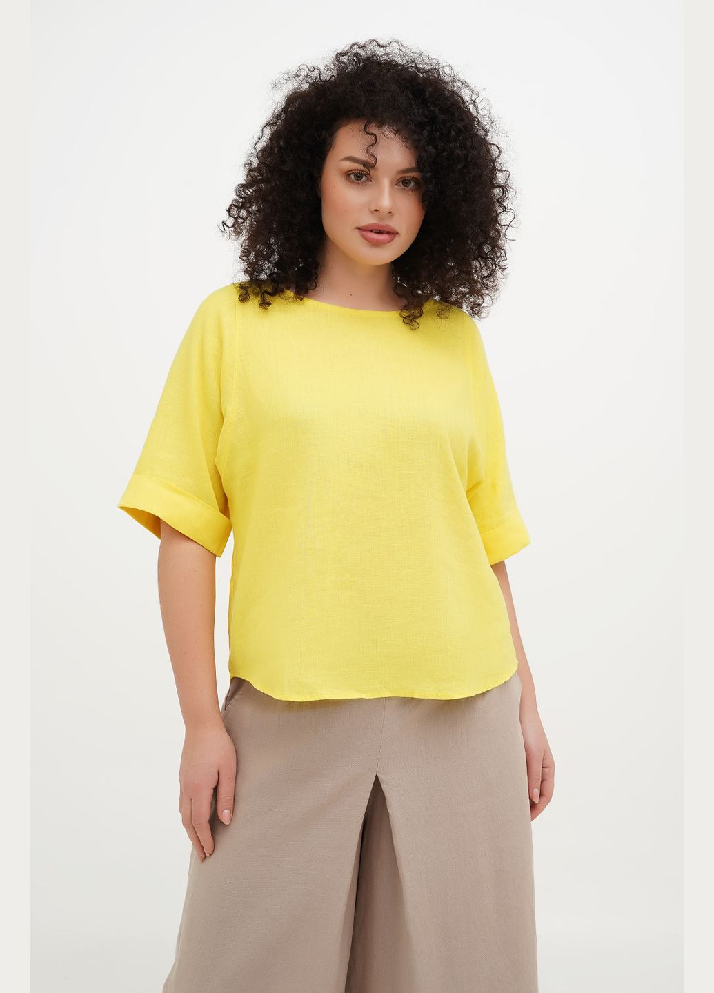 Жовта жіноча вільна оверсайз блуза футболка бохо з тонкого льону хільда, великі розміри., р., код 9439/56/1179 ГАЛЕРЕЯ ЛЬОНУ