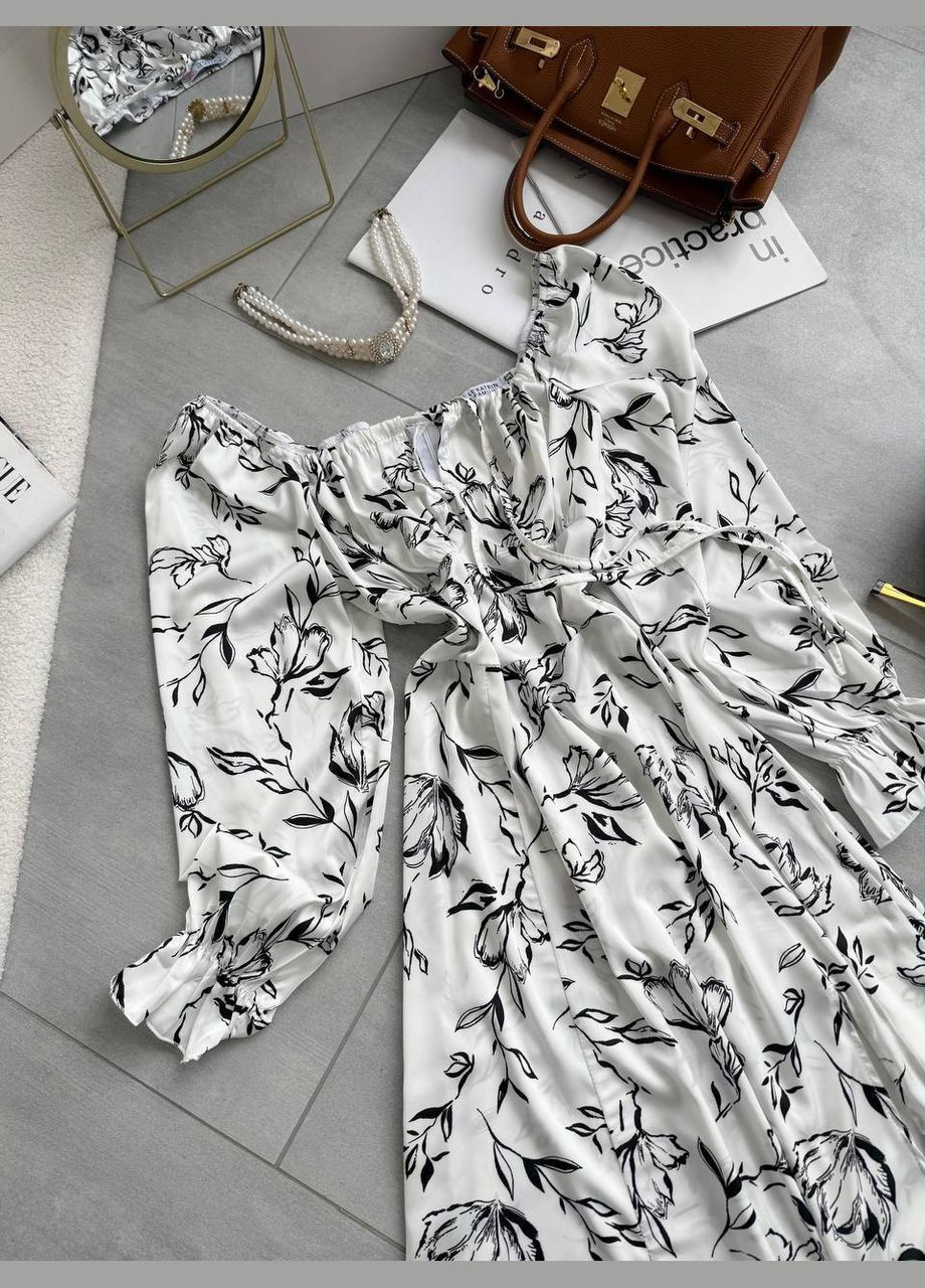 Белое повседневный женское платье с шолка с открытыми плечами, с корсетом Україна с цветочным принтом