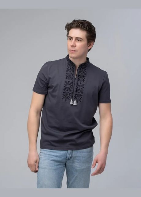 Сіра чоловіча вишита футболка сіра тризуб візерунок геометричний трикотаж (345122863)