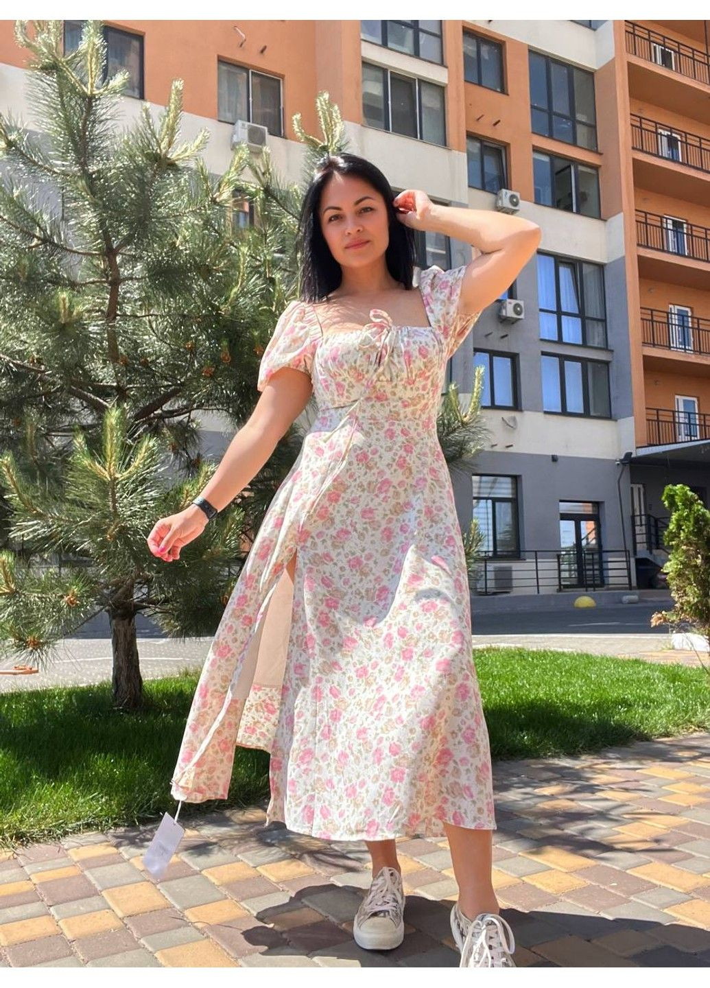 Білий кежуал сукня жіноча літня a-n 2669 квітковий принт розріз шнурок на грудях довге No Brand з квітковим принтом