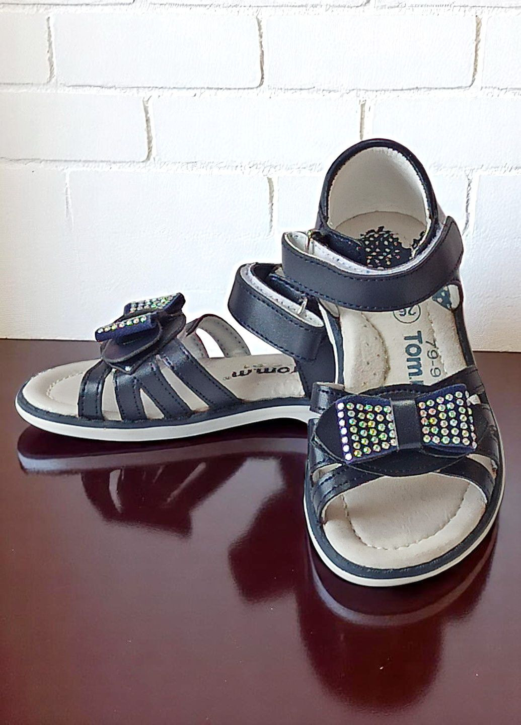 Темно-синие ортопедические босоножки сандалии на липучках для девочки том м Tom.M со стразами, с бантом