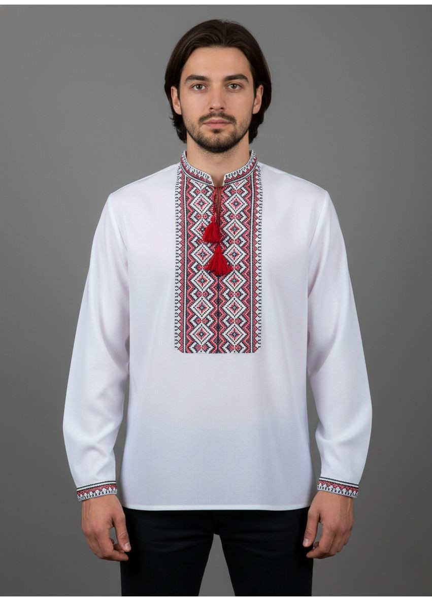 Белая мужская вышиванка скрипка красно-черная НоКо узор орнамент свободная, прямой хлопок (370756645)