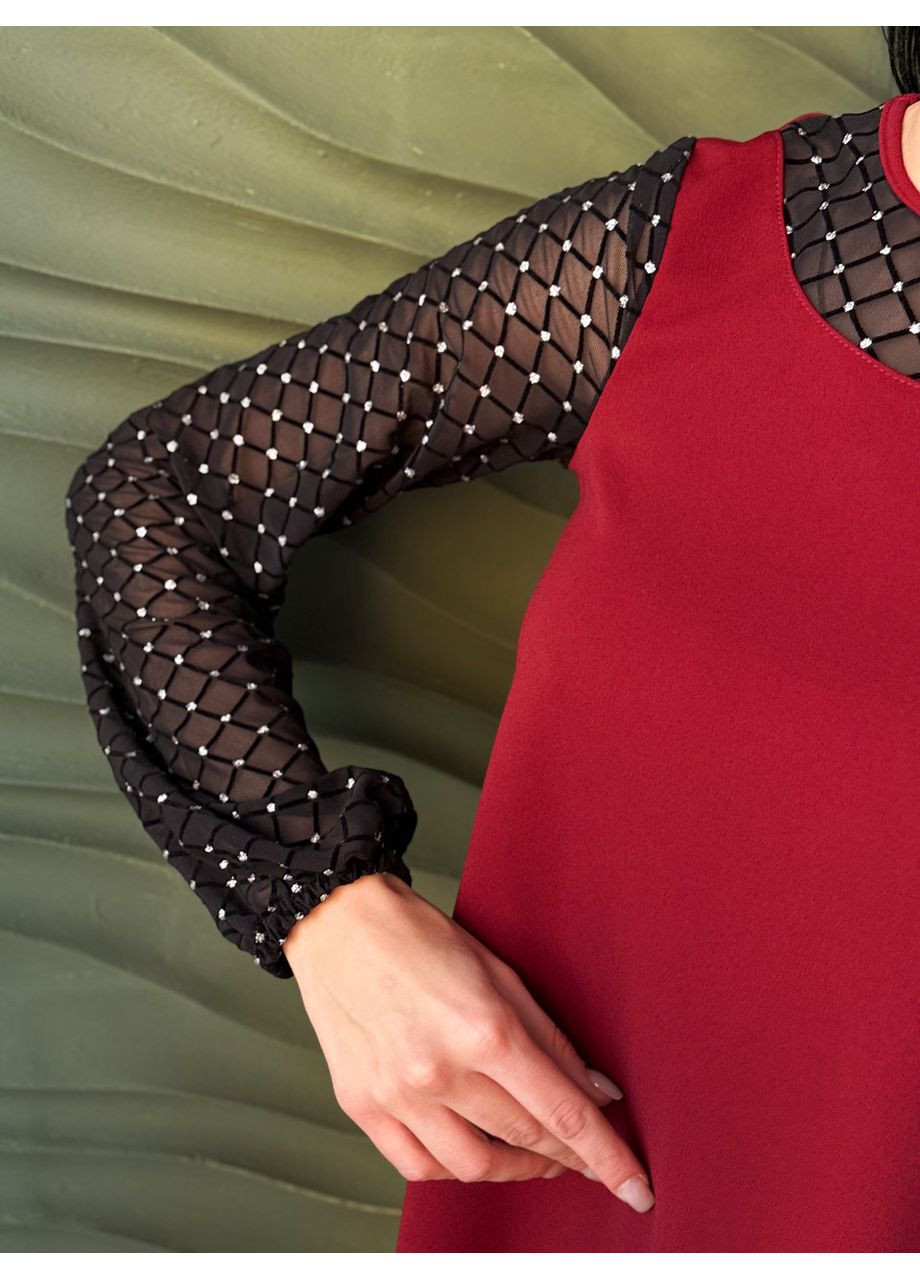 Темно-червона вечірня сукня з прозорими рукавами Fashion Girl