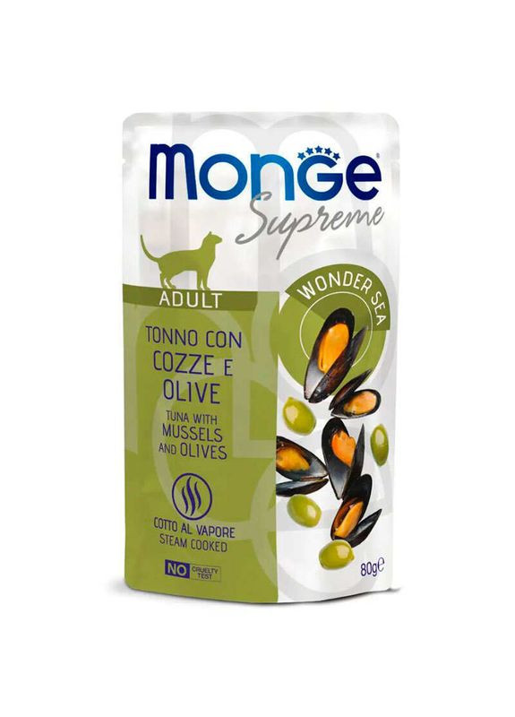 Supreme Adult - Вологий корм з тунцем, мідіями та оливками для дорослих котів - 80 г Monge (327055440)